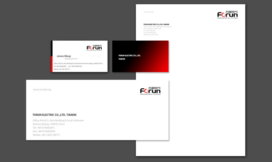 美研VI設(shè)計(jì)公司為天津方圓電氣創(chuàng)作的名片、信封和信紙